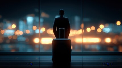 Plakat Businessman silhouette standing with luggage at a large airport window, watching the city lights blur in the background, contemplating travel and new opportunities