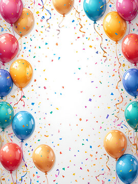 Vector colorful party balloons, confetti and streamers seamless pattern decorative border isolated on transparent background