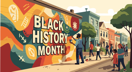People celebrate Black History Month with vibrant street art in urban neighborhood © dale