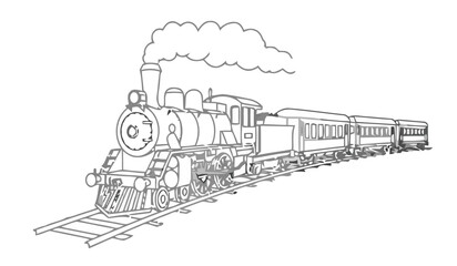 A vintage steam train chugs along the tracks with smoke rising. © dale