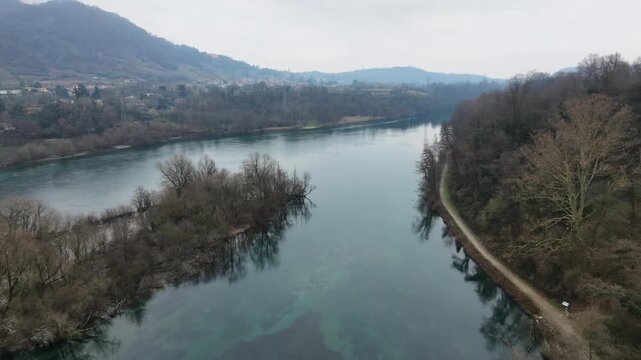 Aerial View Of Adda River And Riverside Path In Winter Lombardy