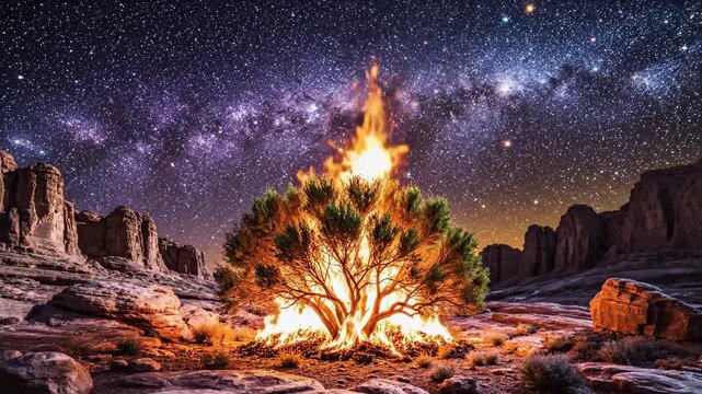 Burning bush under a night sky with stars moving across the desert landscape. Religious and spiritual concept with cosmic phenomena.