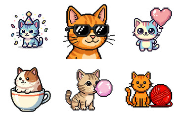 Obraz premium A vibrant pixel art collection featuring kittens, cats, and adorable felines in various playful scenarios and cute poses