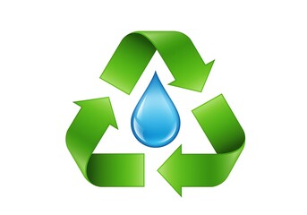 Obraz premium Recycling symbol with green arrows and blue water drop eco friendly icon for conservation and sustainability