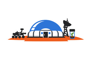 Fototapeta premium A flat vector illustration of a futuristic space colony on a red planet featuring a blue dome habitat, a rover vehicle, a satellite dish, and a small plant growing in a glass jar.