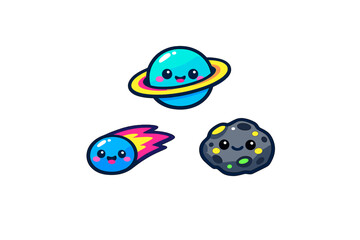 Fototapeta premium A collection of three cute cartoon space objects including a blue planet with rings, a smiling comet with a colorful tail, and a grey asteroid, all set against a black background.