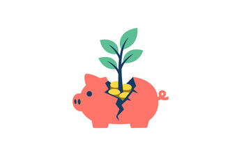 Obraz premium A pink piggy bank is cracked open with gold coins inside and a green plant growing out of the top. This illustration represents financial growth and investment concepts.