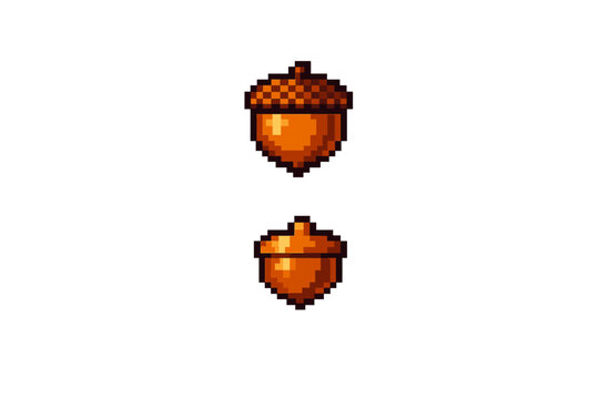 Two pixel art acorns are shown against a solid black background. The top acorn has a detailed textured cap, while the bottom one features a simpler design with bright orange colors.