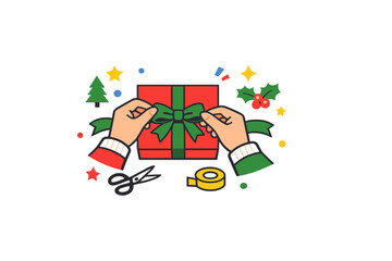 Naklejka premium Hands wrap a red gift box with a green ribbon on a black background. The scene includes scissors, tape, a small Christmas tree, and holly berries in a flat illustration style.