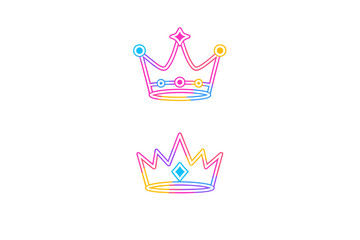 Two glowing neon crown icons are displayed against a solid black background. The crowns feature vibrant pink, blue, and yellow gradients with geometric gem details and a modern style.