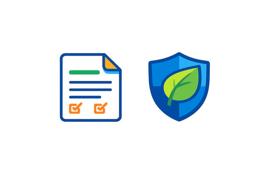 A flat vector illustration featuring a blue document with orange checkmarks next to a blue shield containing a green leaf, representing environmental protection and policy.