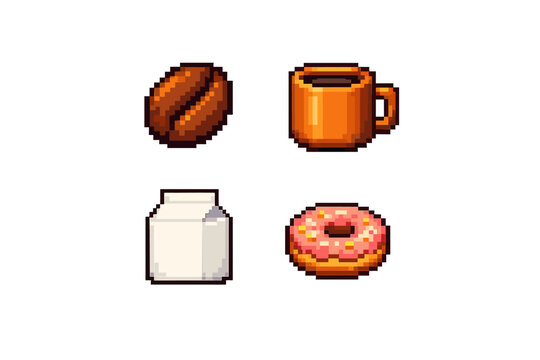 A collection of four pixel art icons featuring a brown coffee bean, an orange mug of coffee, a white milk carton, and a pink glazed donut with sprinkles on a black background.