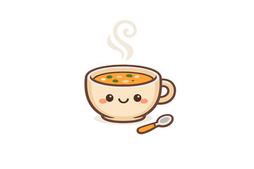 Obraz premium This cute cartoon illustration features a smiling bowl of hot vegetable soup with steam rising above it and a small spoon nearby, all set against a solid black background.