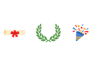 Three colorful icons representing achievement and celebration are displayed on a black background, including a rolled diploma, a green laurel wreath, and a festive party popper.