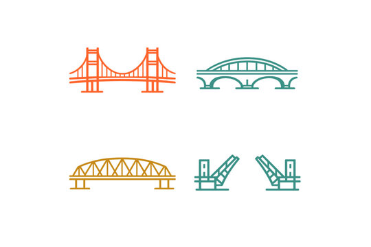 A collection of four minimalist bridge icons in various architectural styles, including suspension, arch, truss, and bascule designs, presented in a flat line art style on a black background.