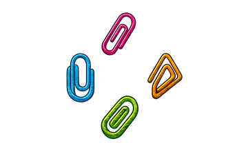 Obraz premium Four colorful paperclips in pink, blue, green, and orange are arranged in a circular formation against a solid black background. The clips have a textured, glowing appearance.