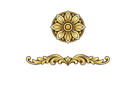 Two golden ornate decorative elements featuring a circular floral rosette and a horizontal scrollwork border with acanthus leaf motifs isolated on a solid black background.