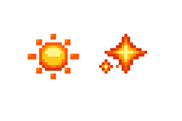 Obraz premium Pixel art illustration featuring a glowing orange sun and two bright stars against a solid black background. The celestial bodies are rendered in a retro eight-bit video game style.