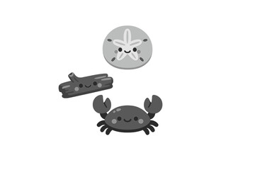 Three cute grayscale cartoon characters including a sand dollar, a piece of driftwood, and a crab with smiling faces. The minimalist flat design is presented on a solid black background.