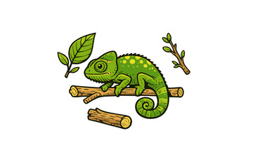 Fototapeta premium A vibrant green chameleon with yellow spots is perched on a brown branch against a black background. The illustration includes stylized green leaves and small wooden twigs.