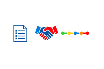 Fototapeta premium Three colorful icons on a black background representing a document with a checklist, a handshake between two people, and a horizontal timeline with five colored circular nodes.