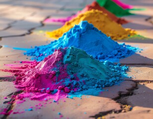 colorful heaps of traditional holi powder arranged in a row on the ground. vibrant piles of pink, blue, yellow, and orange pigments ready for the festival of colors celebration