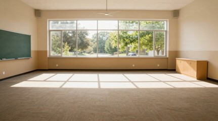 Fototapeta premium Empty Classroom with Natural Light Streaming Through a Large Window, Featuring a Chalkboard and Minimalist Design