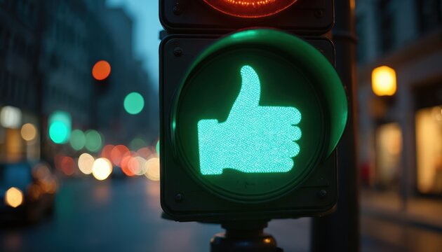 Green thumbs up traffic signal illuminates city street at night. Pedestrian light shows approval and safety for urban travel. Go ahead symbol glows on road.