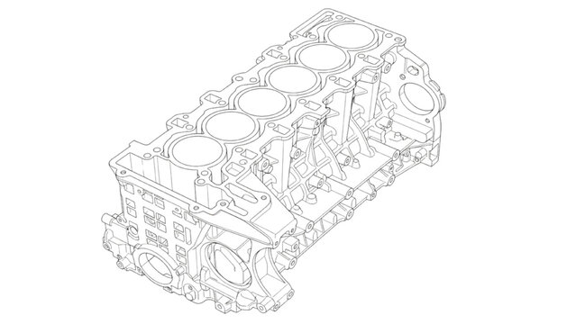 Inline 6 Cylinder Engine Block Line Art Engineering Technical Drawing on White Background