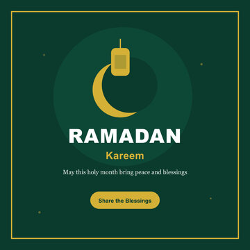 Vector Ramadan Kareem banner with a golden crescent moon, lantern, and text on a dark emerald green background with a thin gold border, ideal for social media and website graphics.