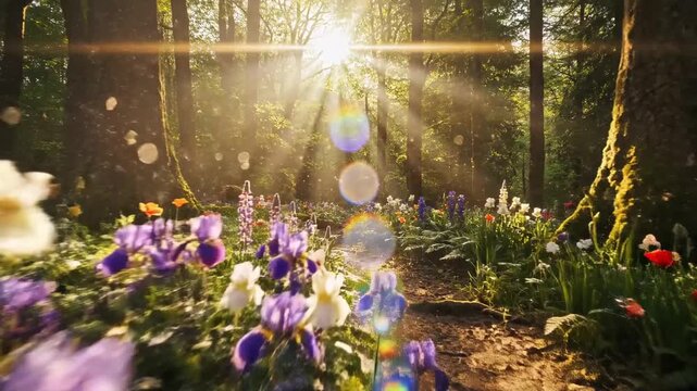 Forest path with vibrant spring flowers bathed in golden sunbeams, a serene nature landscape with dappled light