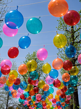 Colorful Balloons Hanging Outdoors Under Blue Sky
