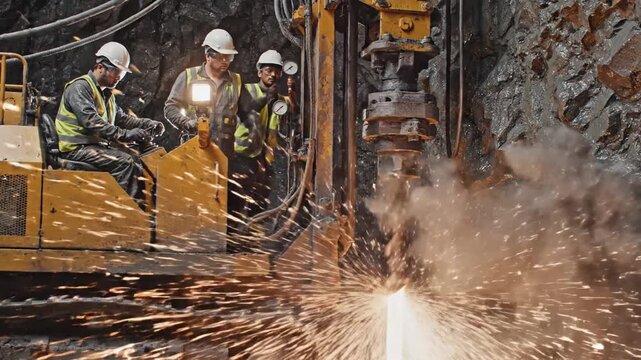 Industrial Heavy Machinery Performing Underground Mine Drilling Activity for Mineral Extraction within Deep Subterranean Tunnel Engineering Site during Hard Rock Excavation Operation