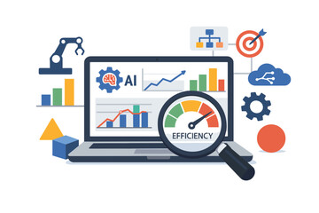Laptop displaying AI analytics with efficiency gauge and business icons.