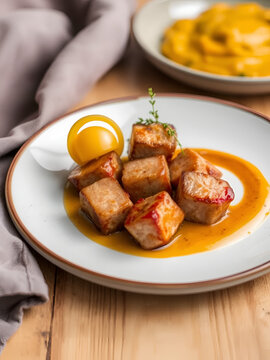 Haitian Griot pork cubes plated with pikliz sphere, plantain puree swirl and thyme crisp,