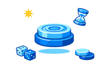 A blue 3D isometric illustration featuring a central circular platform surrounded by dice, an hourglass, game tokens, and a yellow star against a solid black background.