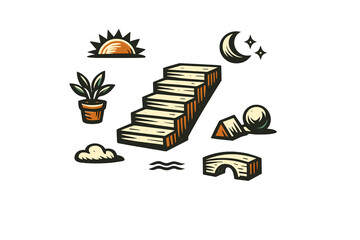 A collection of stylized woodcut icons including stairs, a sun, a moon, a potted plant, and a bridge, all set against a solid black background in a vintage minimalist style.