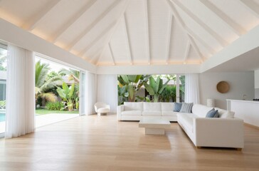 Fototapeta premium Bright Living Room with Vaulted Ceiling and View of Tropical Garden in Modern Villa