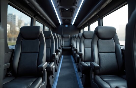 Modern bus interior with plush black leather seats. Rows of comfortable seating are illuminated by cool LED lights. This vehicle offers passenger transport for group travel.