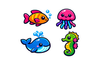Obraz premium A set of four cute cartoon sea creature stickers including a colorful fish, a pink jellyfish, a blue whale, and a green seahorse, all featuring bright colors and thick white borders.