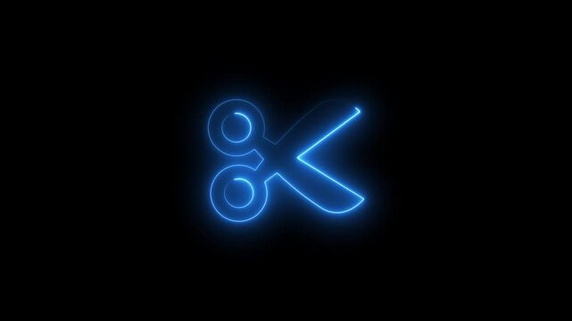 Glowing neon scissors icon animation isolated on black background