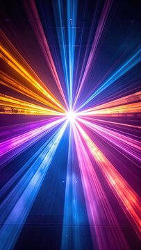 Vibrant Explosion of Multi-Colored Laser Beams Radiating from a Central Bright Light Source