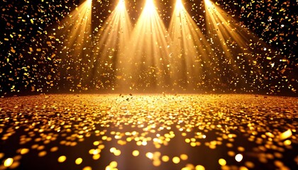 Naklejka premium Golden confetti falls on stage with shining spotlights