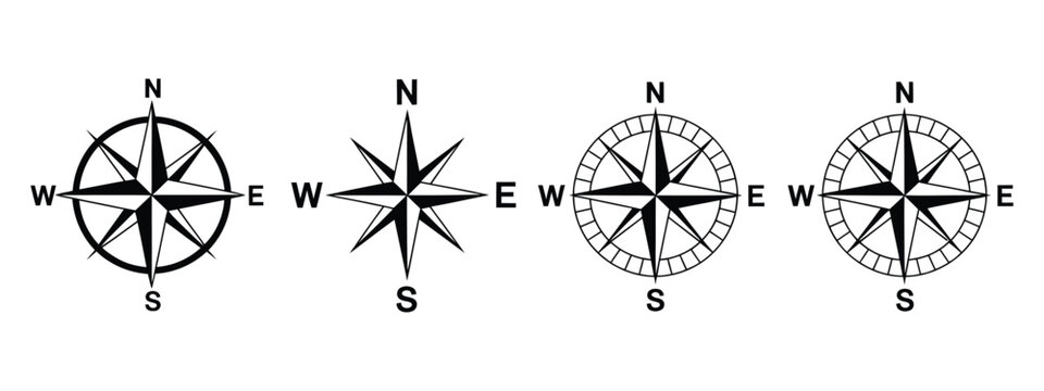 Compass Icon Vector, Isolated Wind Rose Symbols, Set of Navigation and Direction Icons, Vector Illustration