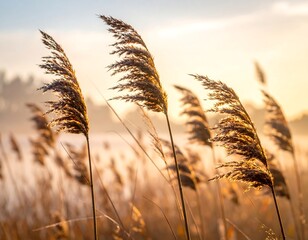 Sunlit tall grass sways, golden and hazy, amidst a dreamy and warm environment