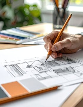 Architect or designer drawing a detailed interior floor plan sketch with a pencil.