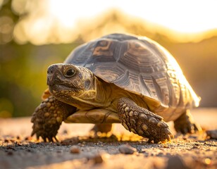 Sunlit turtle on a rough surface, shell detail visible, bathed in warm golden light with blurry background