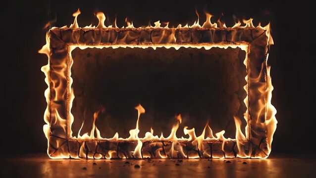 ultra hd 4k cinematic animation showing a fiery glowing rectangular border where flames gradually appear spread around the edges on a dark black background creating dramatic continuous fire