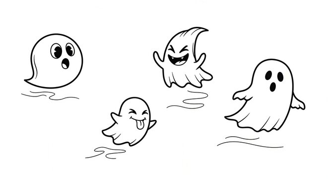 Cute Cartoon Ghosts Floating and Playing - Halloween Characters