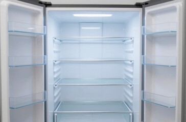 Fototapeta premium Empty Refrigerator Interior with Shelves and LED Lighting for Food Storage and Appliance Concepts
